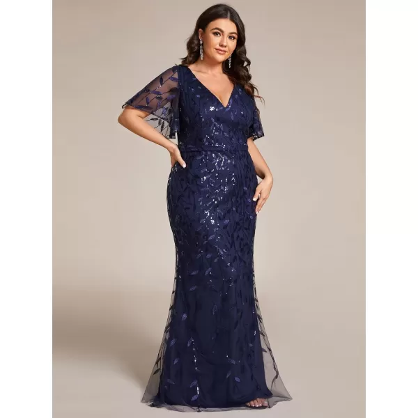 EverPretty Womens Gorgeous VNeck Sparkly Embroidery Plus Size Sequin Evening Dress 0692PZUSANavy Blue