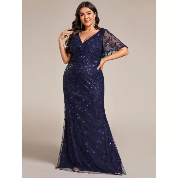 EverPretty Womens Gorgeous VNeck Sparkly Embroidery Plus Size Sequin Evening Dress 0692PZUSANavy Blue