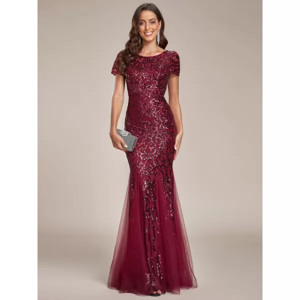 EverPretty Womens Grogeous Round Neckline Sequin Bodycon Mermaid Evening Dress with Sleeves 01808Burgundy