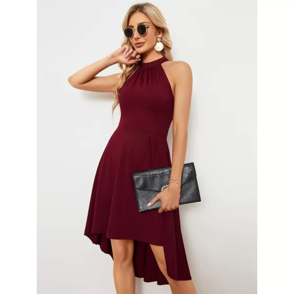 EverPretty Womens Halter Neck Pleated Sleeveless High Low ALine Midi Cocktail Dresses 01782Burgundy