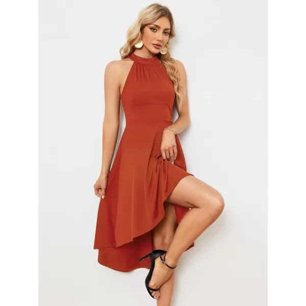 EverPretty Womens Halter Neck Pleated Sleeveless High Low ALine Midi Cocktail Dresses 01782Burnt Orange