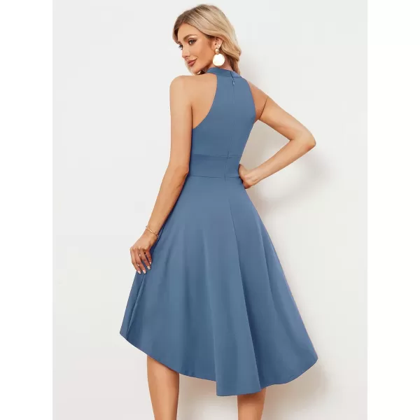 EverPretty Womens Halter Neck Pleated Sleeveless High Low ALine Midi Cocktail Dresses 01782Dusty Navy