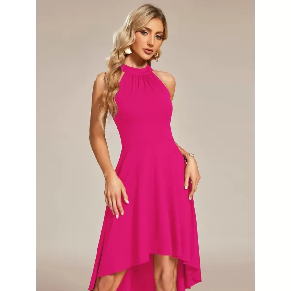 EverPretty Womens Halter Neck Pleated Sleeveless High Low ALine Midi Cocktail Dresses 01782Hot Pink