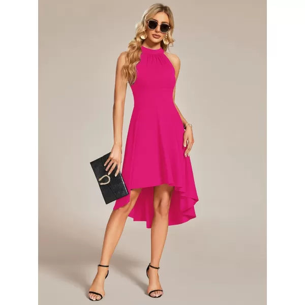 EverPretty Womens Halter Neck Pleated Sleeveless High Low ALine Midi Cocktail Dresses 01782Hot Pink