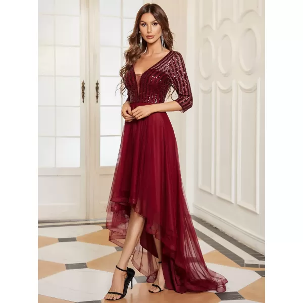 EverPretty Womens High Low ALine Sequin 34 Sleeve Tulle Evening Party Dress 50172Burgundy