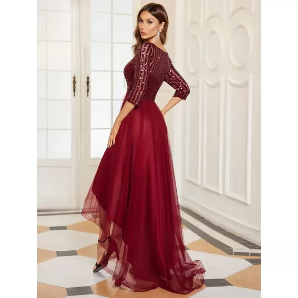 EverPretty Womens High Low ALine Sequin 34 Sleeve Tulle Evening Party Dress 50172Burgundy