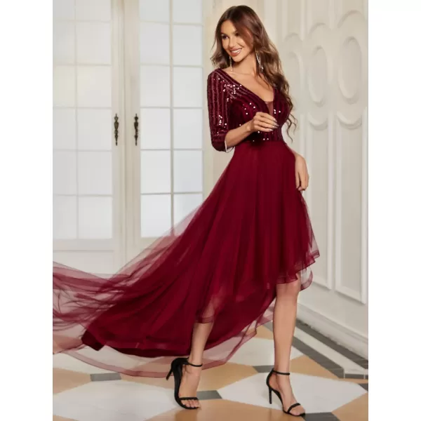 EverPretty Womens High Low ALine Sequin 34 Sleeve Tulle Evening Party Dress 50172Burgundy