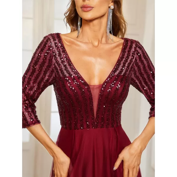 EverPretty Womens High Low ALine Sequin 34 Sleeve Tulle Evening Party Dress 50172Burgundy