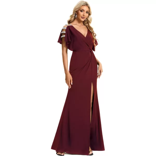 EverPretty Womens Hollow Out Sequin Sleeve Slit VNeck Pleated Evening Dresses 01777Burgundy