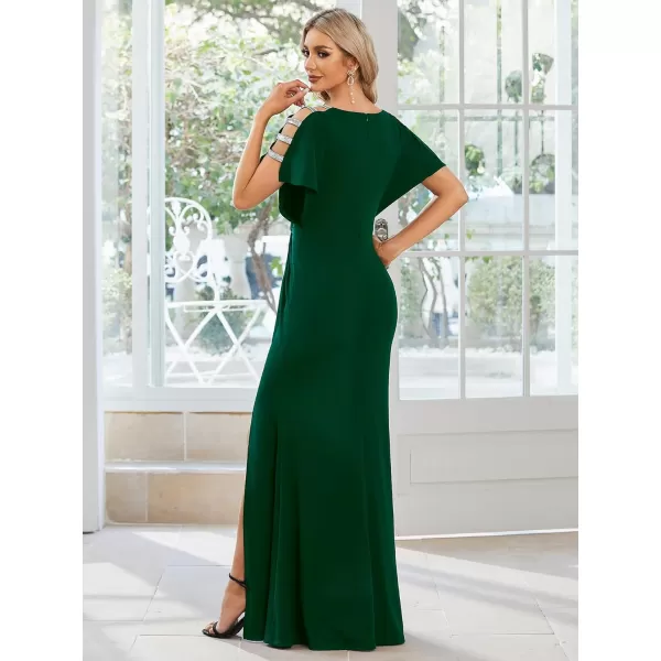 EverPretty Womens Hollow Out Sequin Sleeve Slit VNeck Pleated Evening Dresses 01777Deep Green