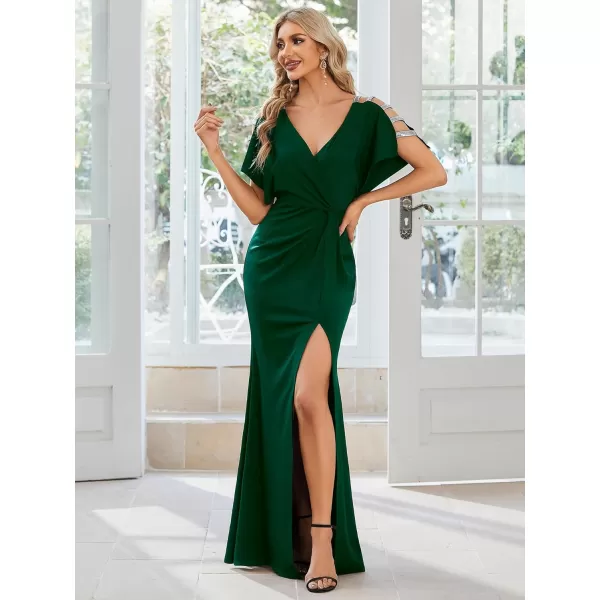 EverPretty Womens Hollow Out Sequin Sleeve Slit VNeck Pleated Evening Dresses 01777Deep Green