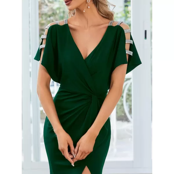 EverPretty Womens Hollow Out Sequin Sleeve Slit VNeck Pleated Evening Dresses 01777Deep Green