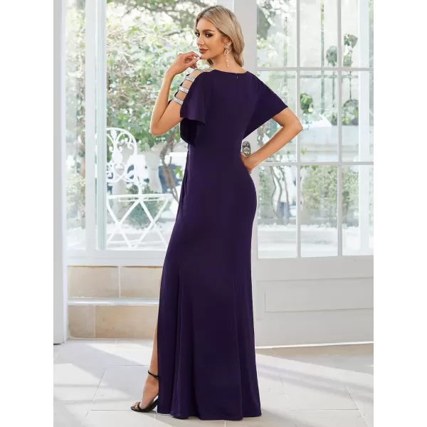 EverPretty Womens Hollow Out Sequin Sleeve Slit VNeck Pleated Evening Dresses 01777Deep Purple
