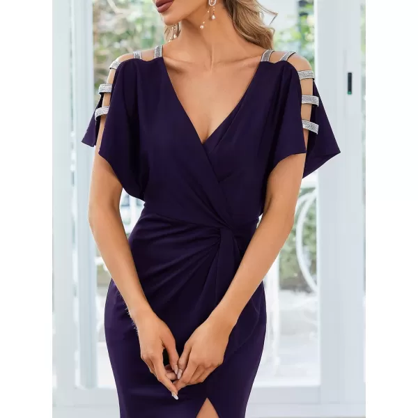 EverPretty Womens Hollow Out Sequin Sleeve Slit VNeck Pleated Evening Dresses 01777Deep Purple