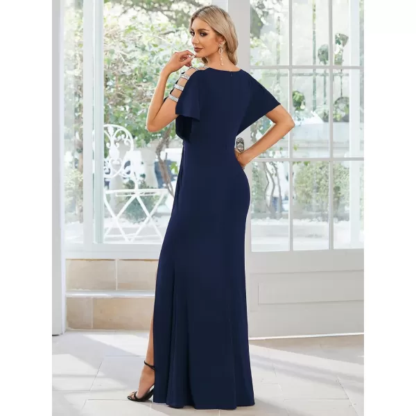 EverPretty Womens Hollow Out Sequin Sleeve Slit VNeck Pleated Evening Dresses 01777Navy Blue