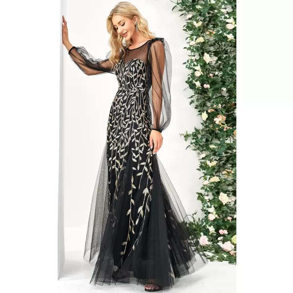 EverPretty Womens Illusion Neckline Sequin Embroidery Maxi Evening Party Dress 0086ABlack