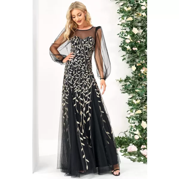 EverPretty Womens Illusion Neckline Sequin Embroidery Maxi Evening Party Dress 0086ABlack