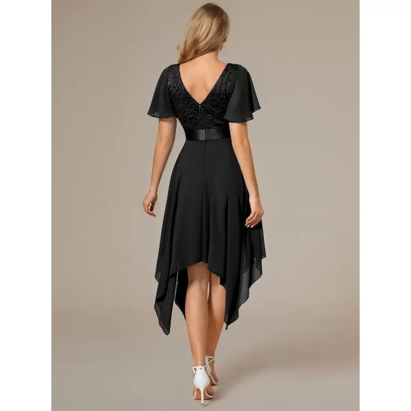 EverPretty Womens Irregular Hem Short Sleeve V Neck A Line Tea Length Cocktail Dresses 02040Black