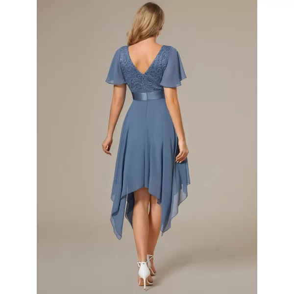 EverPretty Womens Irregular Hem Short Sleeve V Neck A Line Tea Length Cocktail Dresses 02040Dusty Navy