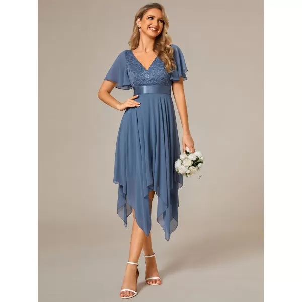 EverPretty Womens Irregular Hem Short Sleeve V Neck A Line Tea Length Cocktail Dresses 02040Dusty Navy