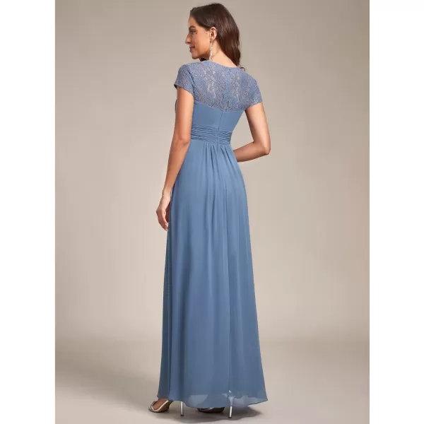 EverPretty Womens Lace Cap Sleeve ALine Chiffon Long Bridesmaid Dresses 80152Haze Blue