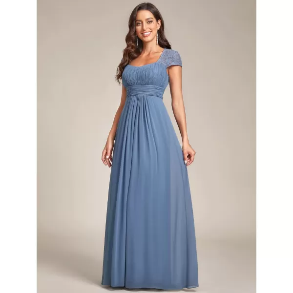 EverPretty Womens Lace Cap Sleeve ALine Chiffon Long Bridesmaid Dresses 80152Haze Blue