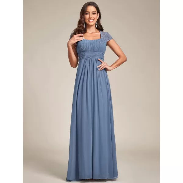 EverPretty Womens Lace Cap Sleeve ALine Chiffon Long Bridesmaid Dresses 80152Haze Blue