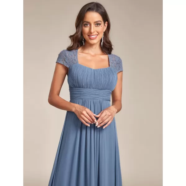 EverPretty Womens Lace Cap Sleeve ALine Chiffon Long Bridesmaid Dresses 80152Haze Blue