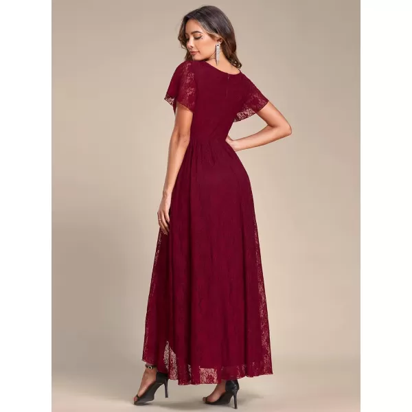 EverPretty Womens Lace V Neck Ruffles Sleeves Pleated Empire Waist ALine Maxi Formal Dresses 01489Burgundy