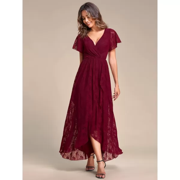 EverPretty Womens Lace V Neck Ruffles Sleeves Pleated Empire Waist ALine Maxi Formal Dresses 01489Burgundy