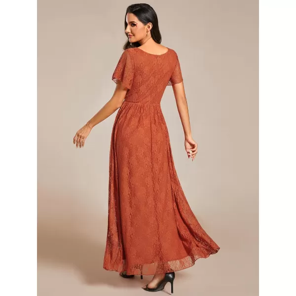 EverPretty Womens Lace V Neck Ruffles Sleeves Pleated Empire Waist ALine Maxi Formal Dresses 01489Burnt Orange