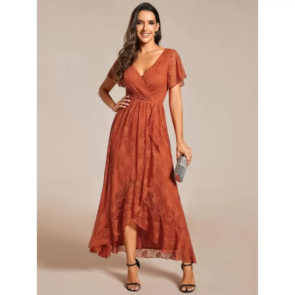 EverPretty Womens Lace V Neck Ruffles Sleeves Pleated Empire Waist ALine Maxi Formal Dresses 01489Burnt Orange