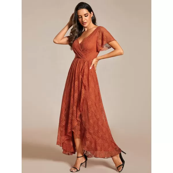 EverPretty Womens Lace V Neck Ruffles Sleeves Pleated Empire Waist ALine Maxi Formal Dresses 01489Burnt Orange