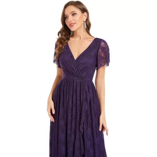 EverPretty Womens Lace V Neck Ruffles Sleeves Pleated Empire Waist ALine Maxi Formal Dresses 01489Dark Purple