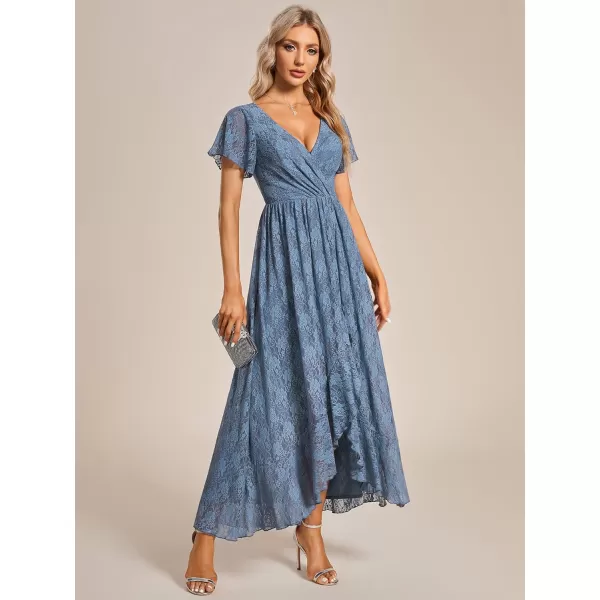 EverPretty Womens Lace V Neck Ruffles Sleeves Pleated Empire Waist ALine Maxi Formal Dresses 01489Dusty Navy