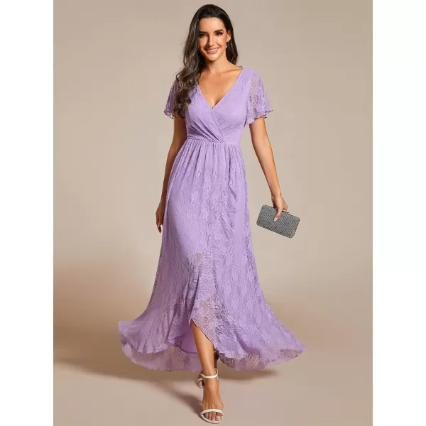 EverPretty Womens Lace V Neck Ruffles Sleeves Pleated Empire Waist ALine Maxi Formal Dresses 01489Lavender