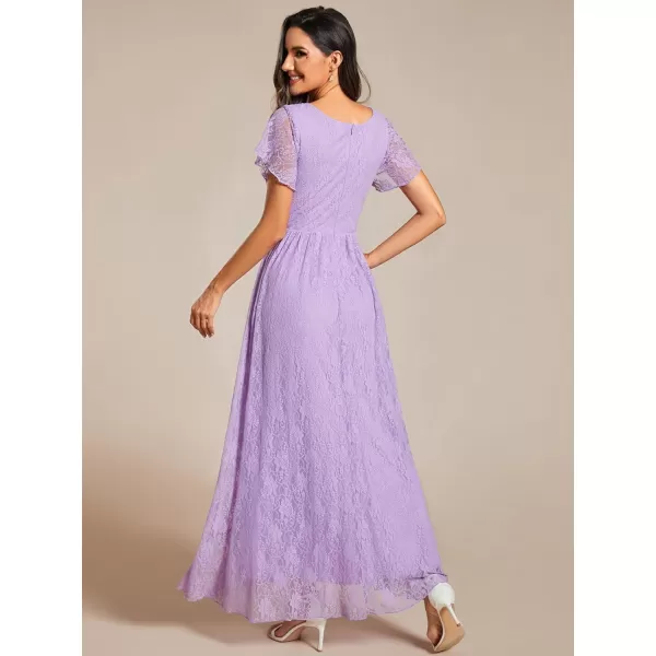 EverPretty Womens Lace V Neck Ruffles Sleeves Pleated Empire Waist ALine Maxi Formal Dresses 01489Lavender