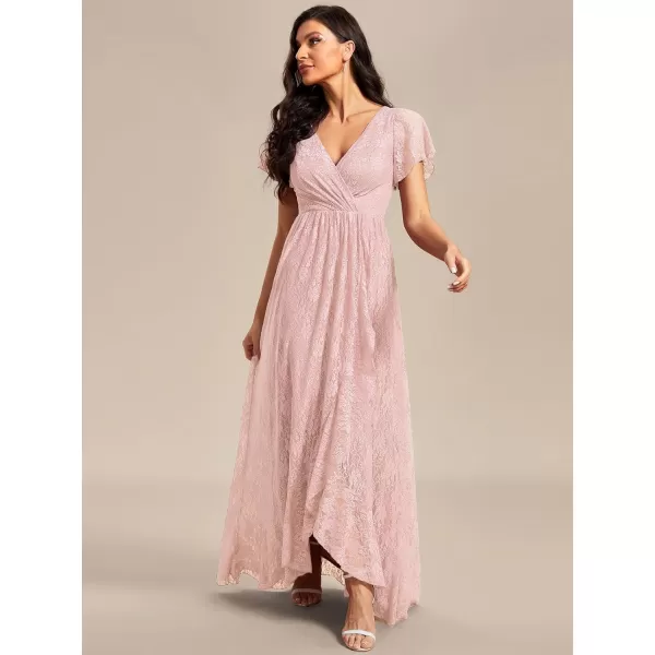 EverPretty Womens Lace V Neck Ruffles Sleeves Pleated Empire Waist ALine Maxi Formal Dresses 01489Pink