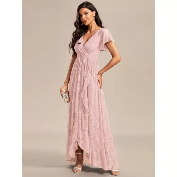 EverPretty Womens Lace V Neck Ruffles Sleeves Pleated Empire Waist ALine Maxi Formal Dresses 01489Pink