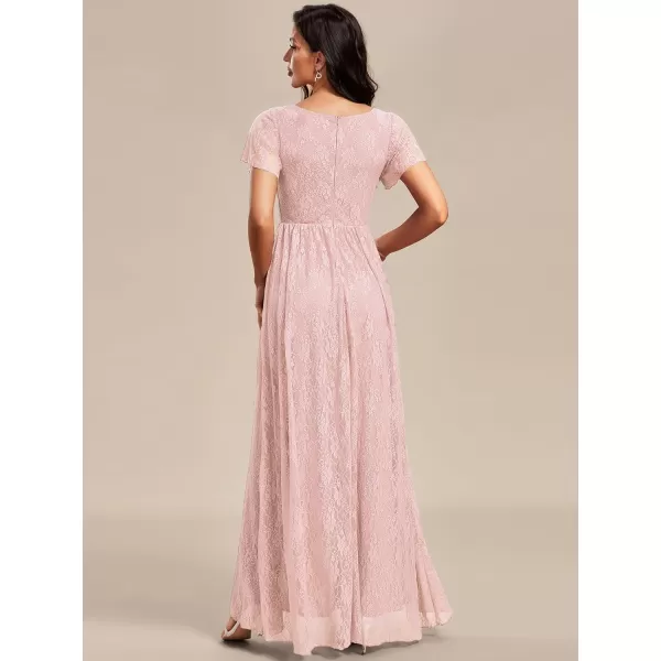 EverPretty Womens Lace V Neck Ruffles Sleeves Pleated Empire Waist ALine Maxi Formal Dresses 01489Pink