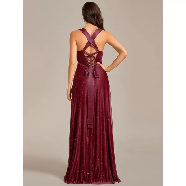 EverPretty Womens LaceUP Ruched Bust Glitter ALine FloorLength Formal Evening Dresses 01919Burgundy