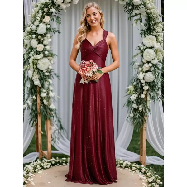 EverPretty Womens LaceUP Ruched Bust Glitter ALine FloorLength Formal Evening Dresses 01919Burgundy