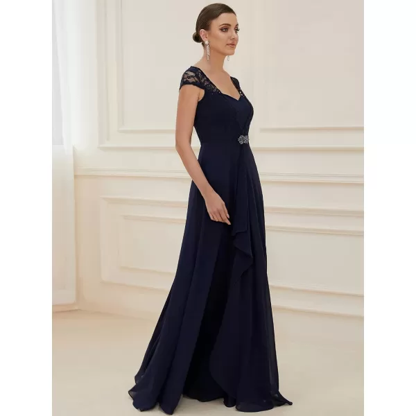 EverPretty Womens Long Aline Lace Cap Sleeve Chiffon Formal Evening Gowns 7986Navy Blue