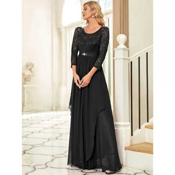 EverPretty Womens Maxi ALine Chiffon Long Sleeve Lace Formal Evening Party Dress 0759Black