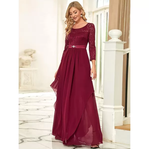 EverPretty Womens Maxi ALine Chiffon Long Sleeve Lace Formal Evening Party Dress 0759Burgundy