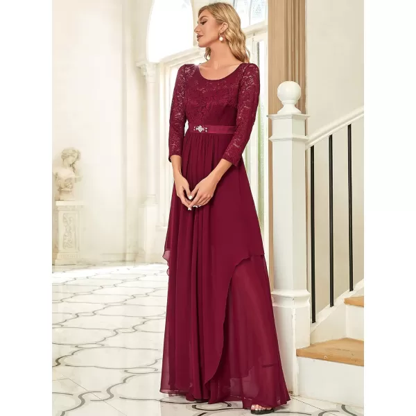 EverPretty Womens Maxi ALine Chiffon Long Sleeve Lace Formal Evening Party Dress 0759Burgundy