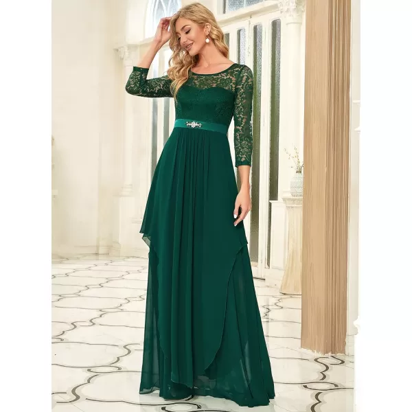 EverPretty Womens Maxi ALine Chiffon Long Sleeve Lace Formal Evening Party Dress 0759Dark Green