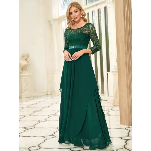 EverPretty Womens Maxi ALine Chiffon Long Sleeve Lace Formal Evening Party Dress 0759Dark Green