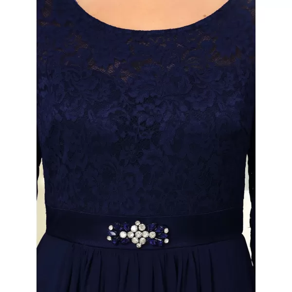 EverPretty Womens Maxi ALine Chiffon Long Sleeve Lace Formal Evening Party Dress 0759Navy Blue