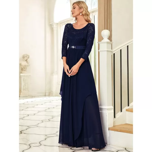 EverPretty Womens Maxi ALine Chiffon Long Sleeve Lace Formal Evening Party Dress 0759Navy Blue